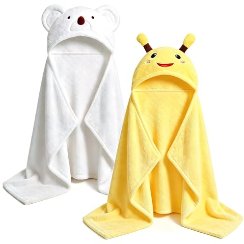 SFIUYDS Kapuzenhandtuch Baby 2er-Pack, Baby Badetuch mit Kapuze aus Korallen-Fleece für 0–5 J., Flauschig & Saugstark, 127x81 cm, Babygeschenk – Gelbe Biene & Weißer Bär Set