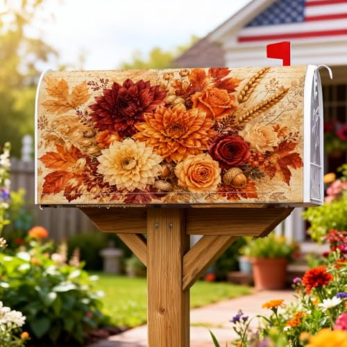 Dahlia Housses magnétiques de boîte aux lettres rustique, feuilles d'automne de style ferme, pour extérieur, jardin, terrasse, 45,7 x 53,3 cm, orange