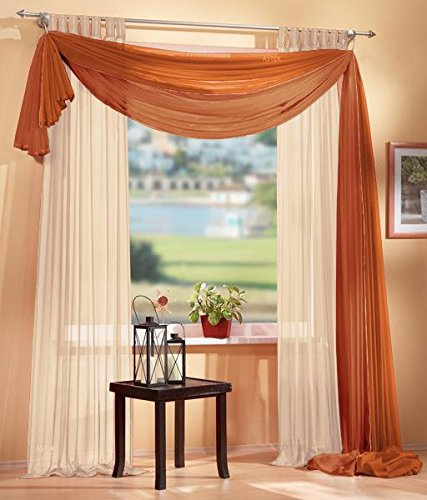 Gardinen Set, 2 x Schlaufenschal Voile, transparent, 245x140, Sand, 1 x Voile Querbehang, Freihanddeko, 140x600, Terrakotta, 61000560