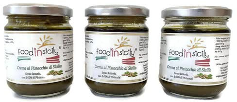 FoodInSicily, 3x200gr di Crema di Pistacchi di Sicilia | Con il 65% di Pistacchio | Vegana | 200 gr | 100% naturale, senza conservanti ne coloranti