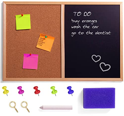 Creative Home 60 x 40 cm Pinnwand Kork & Kreidetafel Kombitafel | Schwarz mit 5 Stiften, Kreide und Schwamm | Perfekt für Küche Korkwand Wandtafel Blackboard Pinwand Memoboard Visionboard