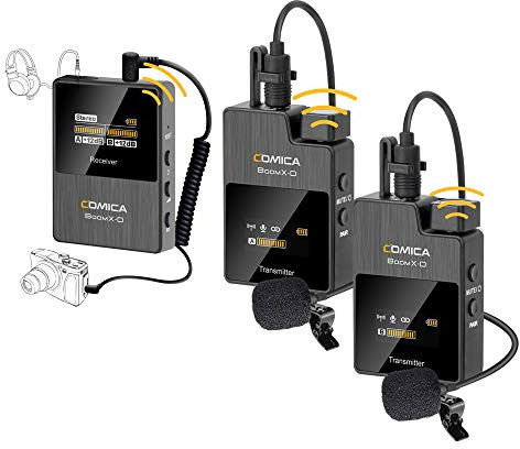 Comica Lavalier Microphone sans fil BoomX-D D2, système de microphone sans fil, 2,4 GHz, portée de 50 m, entrée interne/externe, surveillance audio pour appareil photo reflex numérique