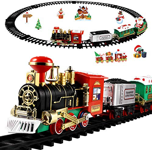 Toyvian Weihnachtszug Set, Batteriebetriebene Elektrische Eisenbahn Zug Set Lokomotive Motor Spielzeug Zug mit Lichtern Und Geräuschen für unter um Den Baum