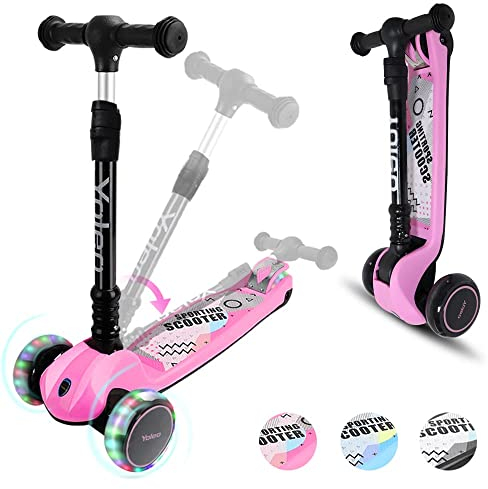 YOLEO Kinderoller Kinderscooter Dreiradscooter mit PU Räder, Reaktionsschnelle Bremsen,4 Höhenverstellbare, Faltbar Lenker, 50kg Belastbar, für Kleinkinder Jungen Mädchen, ab 3 Jahre (Rosa)