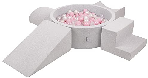 KiddyMoon Spielplatz Aus Schaumstoff Mit Rund Bällebad (200 Bälle) Ballgruben Für Babys Spielbad Hindernisläufen, Hergestellt In Der EU, Hellgrau:Puderrosa/Perle/Transparent