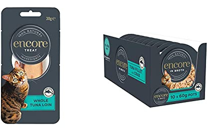 Encore 100% Natural Cat Treats, Whole Tuna Loin Cat Snack, 30g (Pack of 12) & 100% Natural Wet Cat Food Pot, Succulent Tuna with Pacific Crab in Broth 60 g Pot (Pack of 10)