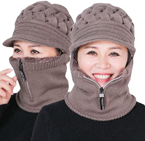Fleece gefütterte Damen Beanie-Mütze, Wintermütze, Schal, Masken-Set, Damen-Wintermütze, mittelalter und alter warmer Ohrenschützer, 1 x Khaki (Reißverschluss), Einheitsgröße