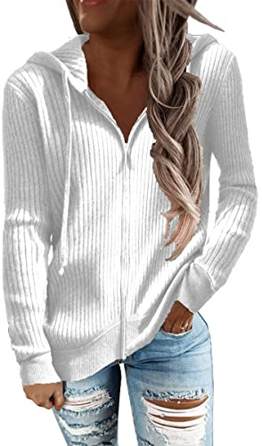 GRMLRPT Kapuzenpullover Damen Hoodie mit Durchgägigem Reißverschluss Kapuzenjacke Pullover Sweatshirt Casual Sport Langarm Tops Mädchen(Weiß,L)