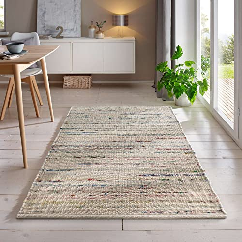 Handweb-Teppich aus Schurwolle in Skandinavischem Landhaus Design in vielen aktuellen Farben für Wohnzimmer, Esszimmer, Schlafzimmer, Flur, auch als Läufer beidseitig verwendbar bunt 070x130 cm