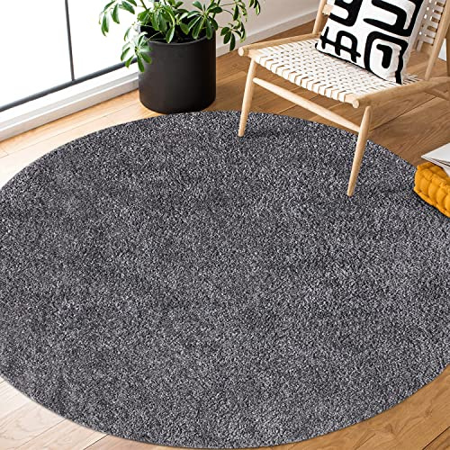 payé Teppich Rund Hochflor Shaggy - 80x80cm - Anthrazit Einfarbig Uni Flauschig Modern Boho Wohnzimmer Schlafzimmer Deko Teppiche Weich Schlafzimmer