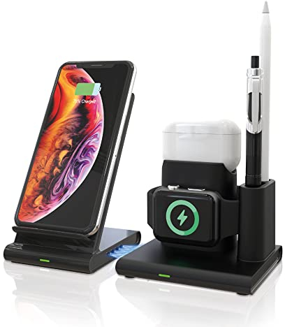 RealPower ChargeAIR Connect Wireless Charger Ladepad, Kabellose 15W QI Ladestation, Kompatibel mit iPhone 14 13 12 Pro Mini Max - Apple AirPods Pro, Apple Watch und Apple Pencil