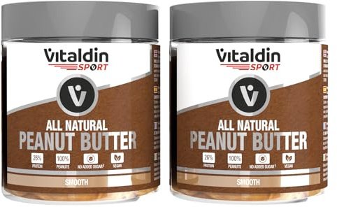 VITALDIN SPORT Erdnussbutter Naturbelassen - 26% Protein - 2x500 gr | 100% Naturbelassene Erdnussbutter ohne Zuckerzusatz; 26% Protein; Cremige Textur; Vegan; Pack 2 x 500 gr.