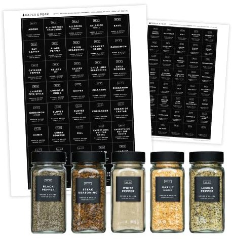 Modern Block-Black Spice Labels (no Jars) by Paper & Pear - Oil Resistant Kitchen Pantry Labels - 1.25” Square Spice Labels Stickers - Durable Spice Jar Labels Preprinted Waterproof - Set of 80