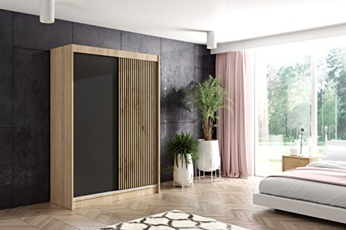 ALTDECOR Kleiderschrank mit Lamel-Schiebetüren, kugelgelagerte Führungsschienen und Aluminium-Leisten - VILAN - 150 cm Sonoma Eiche + Lamelle Eiche Wotan