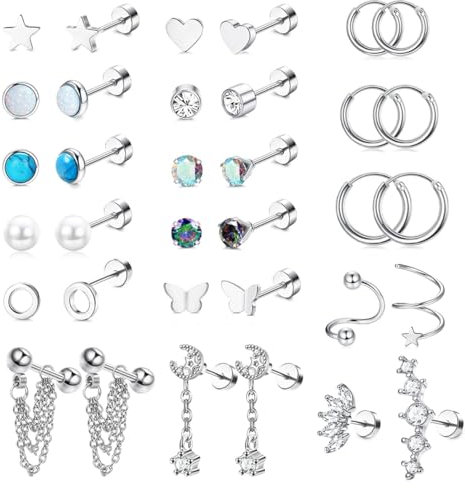 KALVICA 34 Stück Ohrringe Set Ohrstecker Silber für Damen Hypoallergen Helix Piercings Chirurgenstahl Tragus Conch Rook Piercing Ohr Nase Knorpel Ohrringe für Mehrere Ohrlöcher 20G(1)