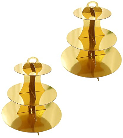 ANMEISH 2 Pack 3 Tier Cardboard Cake Stand, Three Tiered Paper Afternoon Tea Stands color Disposable Cupcake Holder Round Dessert Stands for Party Wedding Birthday Baby Shower Anniversary (Gold)