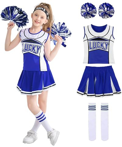 LOLANTA Déguisement Pompom Girl Fille, Costume Cheerleader avec Pompons et Chaussettes, pour Halloween, Carnaval, Bleu, 12-13 ans, 170