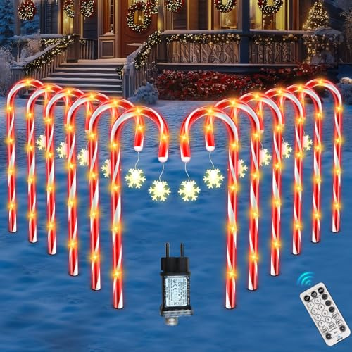FLSEPAMB 12 Stück Weihnachten Zuckerstangen, 12 Beleuchtungsmodi 84 LED Zuckerstangen Beleuchtet Außen mit Schneeflocke, Fernbedienung/IP65 Zuckerstangen Lichterkette Aussen für Weihnachtsdekorationen