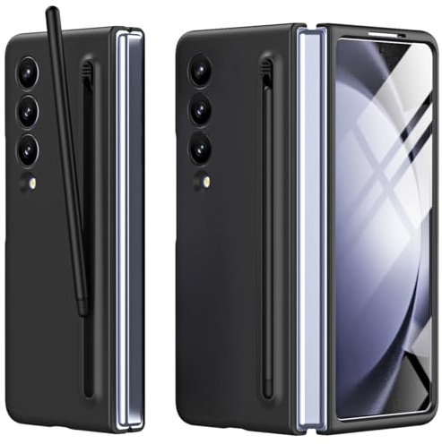 Miimall Hülle Kompatibel mit Samsung Galaxy Z Fold 4 Hülle mit Pen & Displayschutz, Robust Fold 4 Handyhülle mit Federbelasteter Slim S-Pen Halter Case für Samsung Fold 4 Hülle -Schwarz
