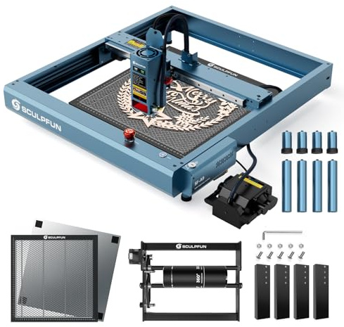 SCULPFUN SF-A9 Laser Graviermaschine mit Laser Rotationswalze, Automatische Air Assist, Honeycomb Arbeitstisch, 40W Ausgangsleistung Laserschneider für 30mm Holz, 20W Ausgangsleistung Lasergravierer