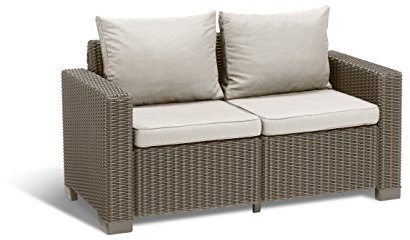 Keter Divano da Giardino California, Dotato di Due Posti a Sedere e di Cuscini su Seduta e Schienale, 141x68x71,5H cm, Realizzato con Caratteristica Finitura Intrecciata, Colore Cappuccino