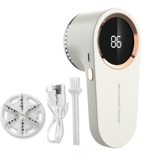 KLUX Fabric Shaver, Rechargeable and portable Lint Remover, Bobble Remover for Clothes and Furniture, Digital Display, 2 pcs 6 leaf blades included, Off WHite.