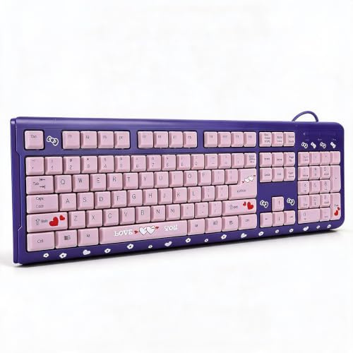 Kabelgebundene USB Tastatur, süße Cartoon Tastatur für Mädchen | Kompakte Ultradünne Leise Tastatur 104 Tasten mit Verstellbarem Standfuß für PC Laptop Desktop Lila