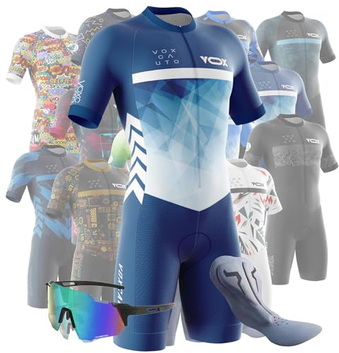 VOXCAUTQ Cykling, skinndräkt för män, gelvadderad, triathlon kostym för män, triathlon tri-dräkt kortärmad cykling skinndräkt med 3 bakfickor snabbtorkande