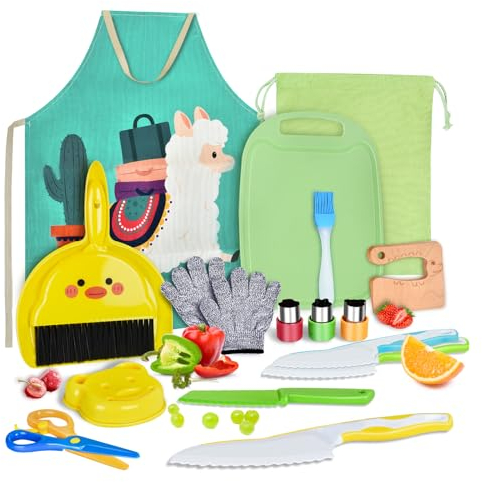 JONRRYIN Kindermesser Set, 18 stück Kinder Küchenmesser Set, Montessori Messer mit Holzmesser, Schneidebrett und Schürze, Kinder Kochmesser für Kinder ab 2 3 4 5 jahre zum Kochen von Obst oder Gemüse