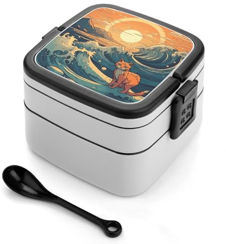 Bento-Box im Anime-Stil, Katze, doppellagig, auslaufsicher, einteilig, stapelbar, Lunchbox für Erwachsene, mit Löffel und Griff, Bento-Boxen für Arbeit, Picknicks und Reisen