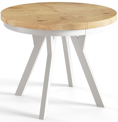 AlpiMeble Esstisch Ausziehbar Evo, Stabile Konstruktion, 80-130cm, Lancelot | Runder Tish, Moderner Wohnzimmertisch und Küchentisch, Weiße Beine