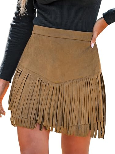CUPSHE Women Fringe Skirts Western Cowgirl Terra Cotta High Waist Mini Skirt Suede Tassel Short Counrty Concert Camel L