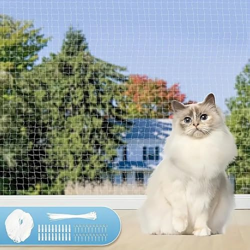 NEWFUN Katzennetz für Balkon,6X3M Balkonnetz für Katzen, Katzennetz Balkon, Stabiles, Langlebiges,Wetterfestes Katzenschutznetz mit Befestigungsschnüren, Heringen und Kabelbindern,Katzennetz Balkon
