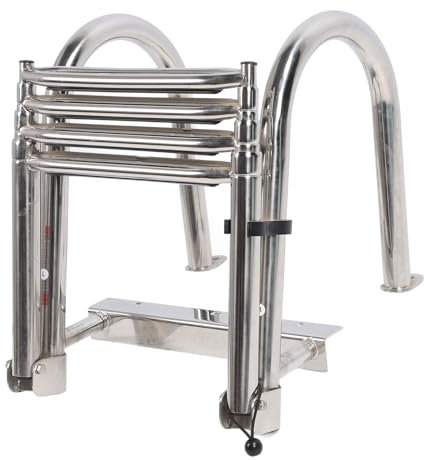LOCADENCE 4 Steps Pontoon Boat Ladder, 316 Stainless Steel Anti Slip Telescoping Ladder, Folding Telescoping Deck Ladder with Pedal Hand Railing for Swimming Pool Marine