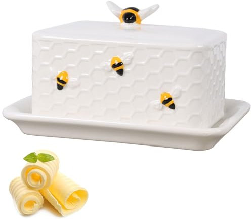 Duscdesp Butterdose Porzellan, Rechteckige Biene Butterglocke mit Deckel Butterdosen Keramik Aufbewahrung für Alle Gängigen Butter, Butterschale Butter Dish Spülmaschinenfest Butterbehälter