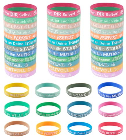 ZoeWei Motivationsarmbänder Kinder 36 Stück Glücksbringer Kinder mit 12 Stile Positiven Sprüchen Silikonarmband Armbänder Geschenk Mitgebsel für Teenager Schüler Studenten Kollegen