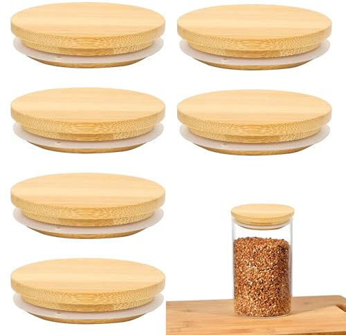 6Pcs Bamboo Lids for Gü Pots - Airtight Reusable Jar Lids with Silicone Sealing Ring, Perfect for Yoghurt Pots, Glass Jars & Dessert Containers