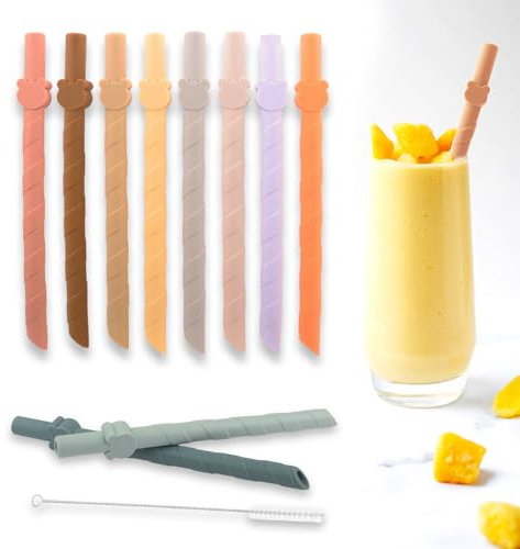 10Pcs Bear-Shaped Silicone Straws Reusable for Kids, Portable Flexible Wide Straws for Smoothies with Cleaning Brush, Kid Milkshake Straws Reusable Non-Toxic BPA-Free for Juices Smoothies Boba