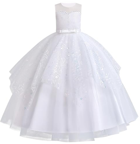 IBAKOM Blumenmädchenkleid Mädchen festlich für Fasching: Ärmellos Sommerkleid mit Schleife und Pailetten lang - Tüll Prinzessinkleid für Kinder 4-13 Jahre für Hochzeit