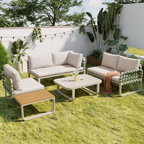 Gartenmöbel Lounge Set 4-TLG für 5 Personen, Lounge Möbel Outdoor mit 2 2er Sofa, 1 Einzelsofa und 2 Tisch, Gartengarnitur Sitzgruppe Outdoor aus Verzinktem Eisengestell, Beige