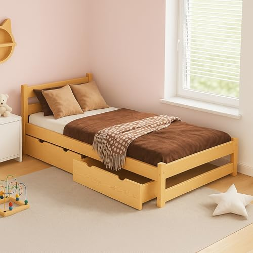 MEBLE WRÓBEL Kinderbett 80x180 cm mit 2 Schubladen und Lattenrost - Einzelbett aus Kiefer Massivholz - Kinder Bett Montessori – Jugendbett Unlackiert - ohne Matratze