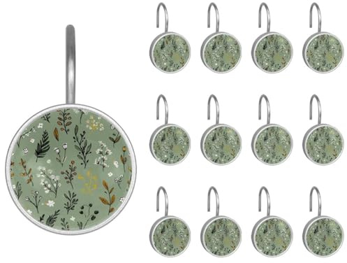 Lot de 12 crochets ronds décoratifs pour rideau de douche, fleurs, feuilles, herbes et baies sur fond vert sauge antirouille pour tringles de douche et doublure
