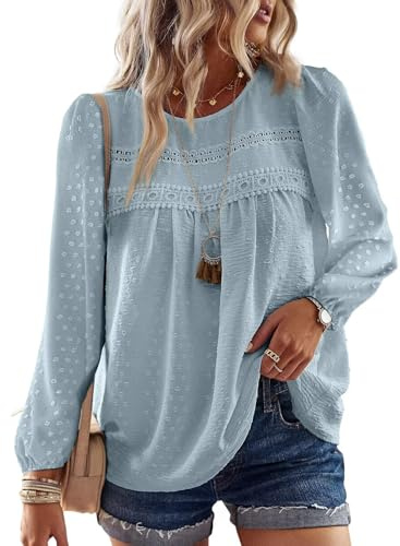TUUHAW Abbigliamento Donna Autunno Pizzo Elegante Bluse con Pizzo Boho Camicia Maniche Lunghe Maglietta Casual Lunga Camicie con Scollo Rotondo Colore Puro Tops Tunica Grigio Verde XL