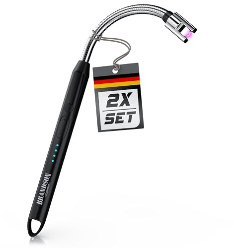 Brandson - 2X Feuerzeug elektrisch - Stabfeuerzeug Lichtbogen mit Akku - USB aufladbar - Kaminanzünder - für Küche Kerzen Gasherde Grill Kamin