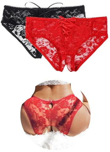 ohyeahaldy Tanga Sexydonna Hot con Buco Taglia Forti Perizoma Seducente Aperto Curvy Mutandine Aperta Trasparente Mutande Brasiliana Cotone Pizzo Senza Cuciture Biancheria Intima Nero+Rosso,L-XXL