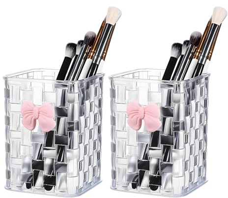 Alrens Transparent Butterfly Bow Woven Square Storage Box 2Pcs Makeup Brush Holder And Pen Holder For Desk Organiser Cute Accessories For Girls Vanity