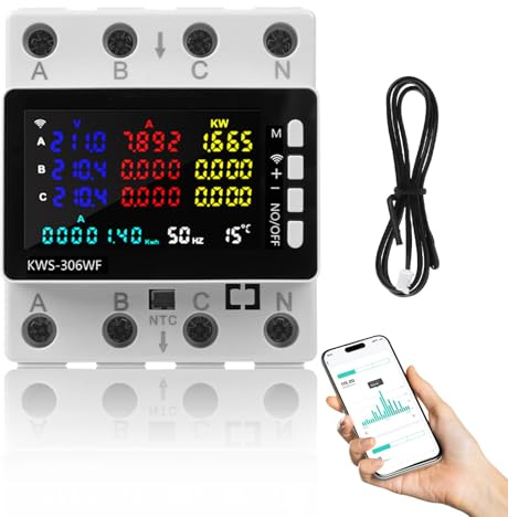 3-Phase 80A WiFi Compteur Electrique avec Télécommande APP, 9 en 1 Compteur D'énergie Triphasé 220 V Rail DIN 35 mm, Mètre Watt KWh Voltmètre Ampèremètre Avec Écran LCD avec Protection Multiple
