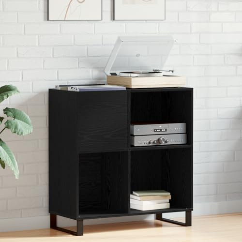 QUAHEAS Schallplattenschrank Schwarz Eichen-Optik aus Holzwerkstoff 85 x 38 x 89 cm mit 4 Regalen, vielseitiges Medienregal für Wohnzimmer, Stauraum für Schallplatten, Bücher, HiFi und TV Board