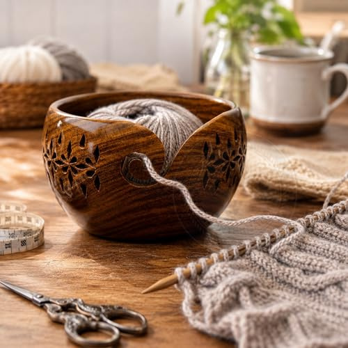 Nagina International - Cuenco de hilo tallado de palisandro con agujeros tallados | Accesorios de crochet | Nagina internacional Large marrón