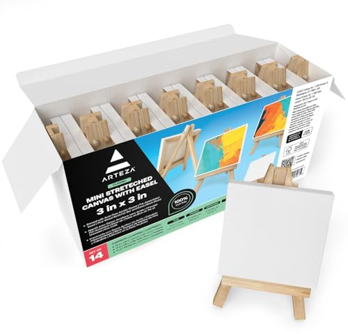 ARTEZA Mini Leinwand mit Staffelei, 7.6 x 7.6 cm, 100% Baumwolle, grundierte Keilrahmen, 14er Pack, für Acryl, Ölfarben & nasse Kunsttechniken